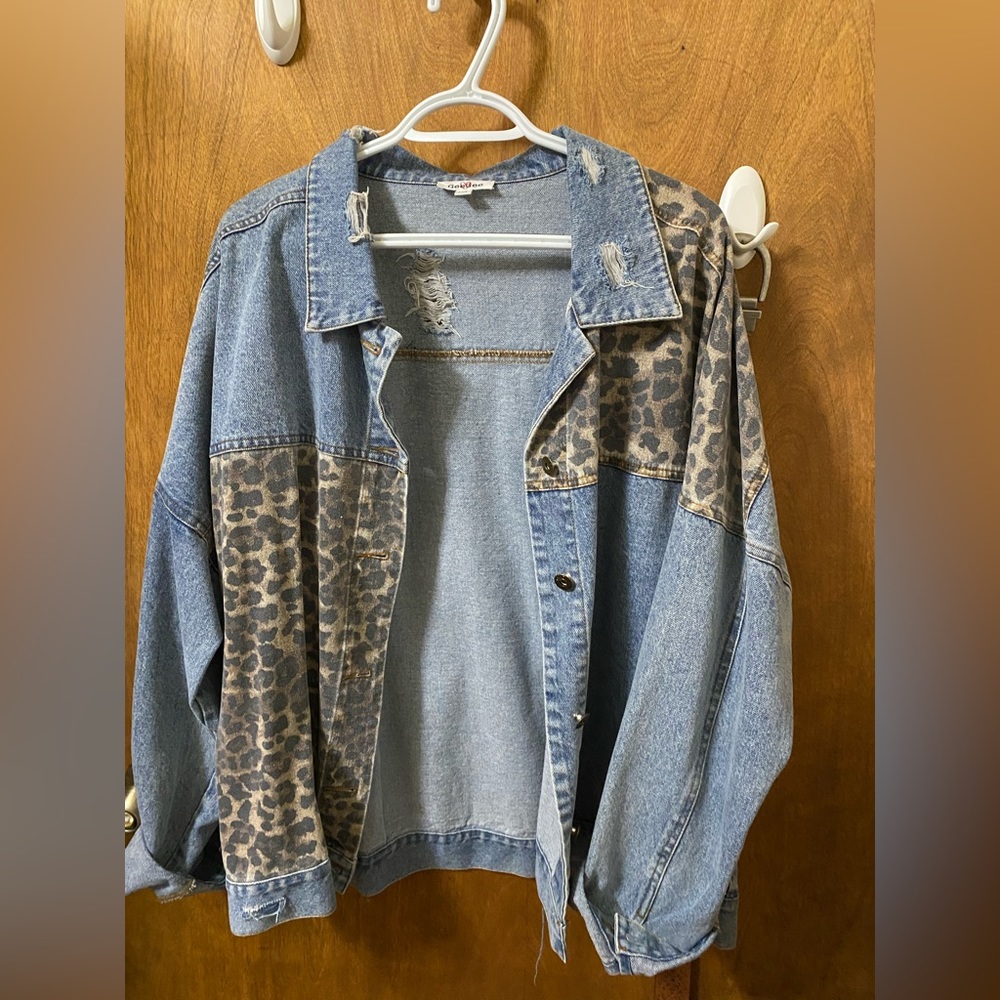 Leopard Distressed Denim Jacket